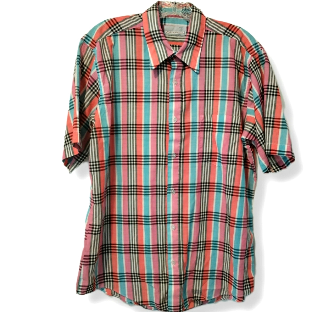 Wedgefield Pink/Blue/Red Plaid Button Down Shirt With Front Pocket, Size: L